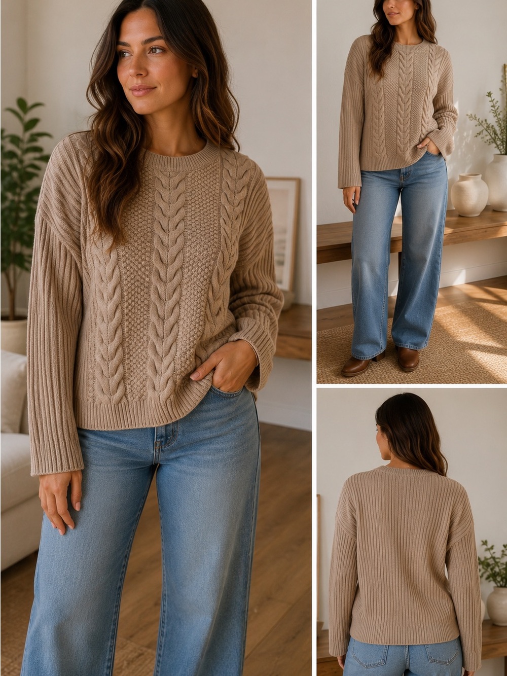 Classic Tommy Hilfiger women’s Cable Knit Crewneck Sweater in Camel Brown